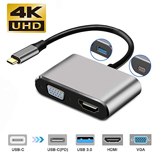 Product Cover USB C to HDMI VGA Adapter,WEILIANTE 4-in-1 USB C Hub with 4K 30Hz HDMI,1080P 60Hz VGA,USB 3.0,87W USB C PD Charge,Thunderbolt 3 Compatible, with Mac/Air/iPad Pro/Nintendo Switch/Samsung/Dell More