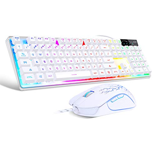 Product Cover Gaming Keyboard and Mouse Combo, K1 LED Rainbow Backlit Keyboard with 104 Key Computer PC Gaming Keyboard for PC/Laptop(White)