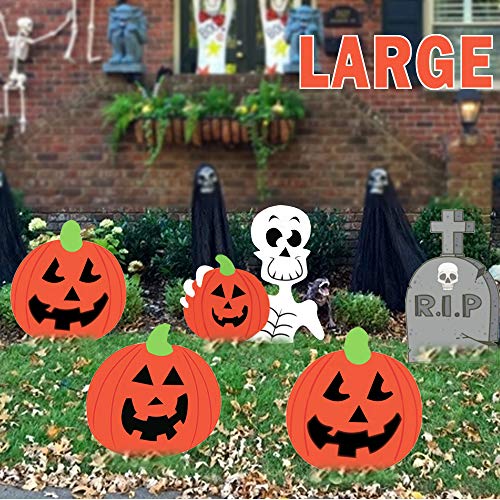 Product Cover DQFAQYY Halloween Yard Stake Signs Outdoor Indoor Decorations Extra Large Waterproof Pumpkins Skeleton and Tombstone Lawn Halloween Props, Pack of 5