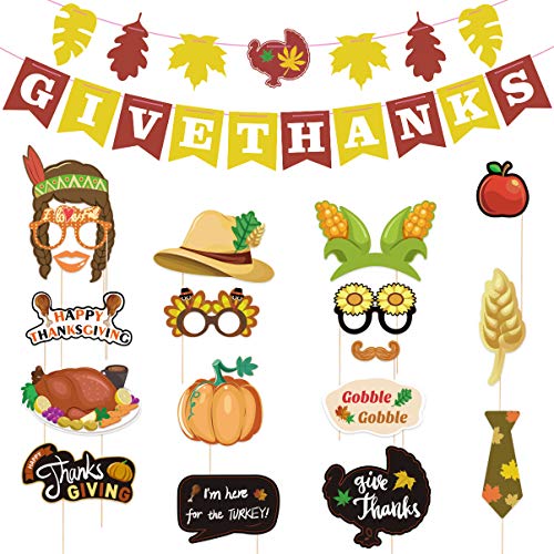 Product Cover Amosfun 18PCS Thanksgiving Photo Booth Props GIVE Thanks Banner Thanksgiving Day Party Supplies Photo Background