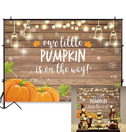 Product Cover Allenjoy Pumpkin Rustic Wood Baby Shower Backdrop Autumn Our Little Pumpkin Boy Girl is On The Way Welcome Party Decorations Baby is Brewing Theme Cake Table Banner 7x5ft Background Photo Booth Props