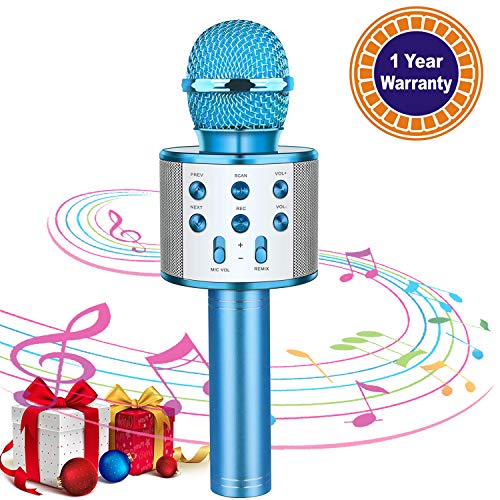 Product Cover Karaoke Microphone for Kids Wireless Bluetooth Mic Handheld Children Toy Microphone Speaker Music Singing Machine Suitable for Home Party Kid Birthday KTV Christmas Festival Gift (Blue)
