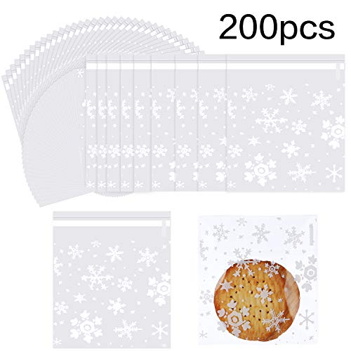Product Cover 200 Pieces Christmas Cookie Bags Cellophane Treat Bags Snowflake Clear Candy Bag Gifts Goodies Bags with Self Adhesive Seal (4 by 4 Inch)