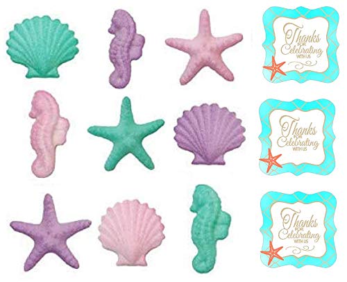 Product Cover 12pack Pink, Purple, Teal Seahorses, Starfish & Shells Shimmer Edible Sugar Cake & Cupcake Decorations 12 Count with 12 SeaShell STickers