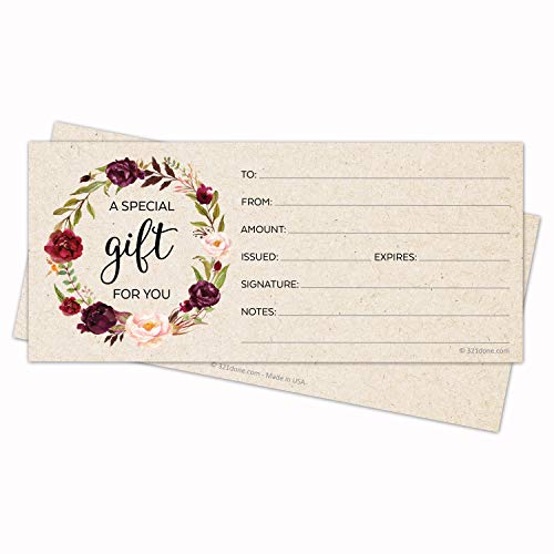 Product Cover 321Done Blank Gift Certificates Rustic (Set of 24) 4x9 for Small Business, Holiday, Christmas Voucher, Spa, Salon - Floral Rose Wreath Kraft Tan