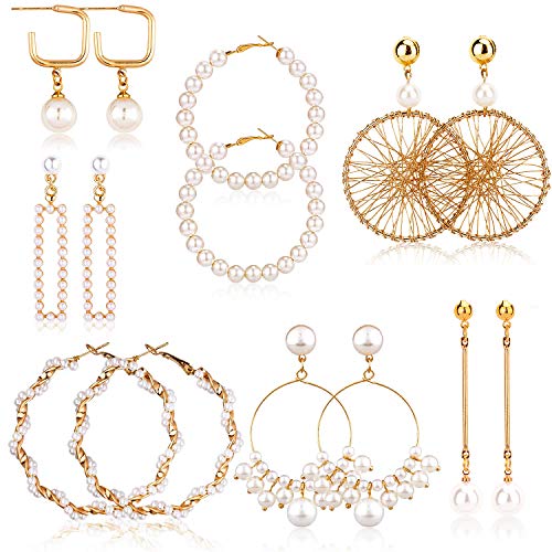 Product Cover Whaline 7 Pairs Gold Plated Hypoallergenic Faux Artificial Pearl Dangle Earrings Rectangular Pearl Earrings Big Hoop Boho Style Long Line Twisted Spiral Hoops Loop Earrings for Women