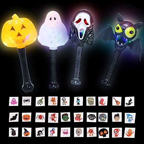 Product Cover Max Fun Halloween LED Light Up Wands Flashing Magic Glow in The Dark Stick Wand Toy - 4 Pack Novelty Spooky Pumpkin Ghost Bat Witch's Face Wand & 30 Pcs Halloween Tattoos for Kid Party Favor Supplies