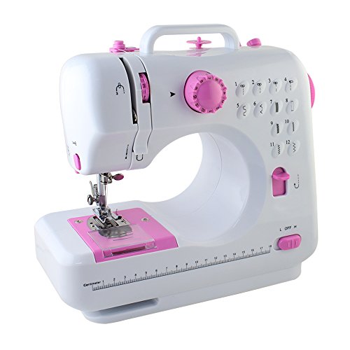 Product Cover Portable Sewing Machine for Beginners, Tradition Sewing Machine with 12 Built-in Stitches, Foot Pedal Overlock Household Sewing Tool, Pink