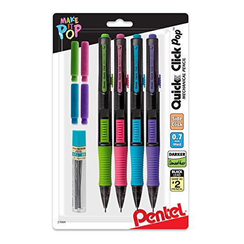 Product Cover Pentel Quick Click Pop Mechanical Pencil, (0.7mm) Medium 2B Lead, with 2B Lead and (2) Eraser Refills, 4-PK (PD217ALEBP4)