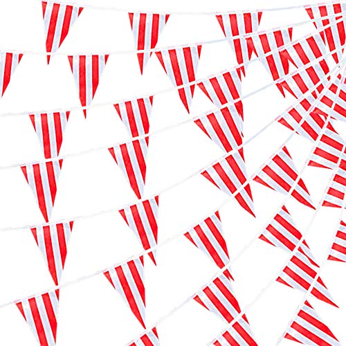 Product Cover RUBFAC 170ft 120pcs Red and White Striped Pennant Banner Flags String Triangle Bunting Flags, Party Decorations Supplies for Carnival Circus, Birthday, Festival Celebration