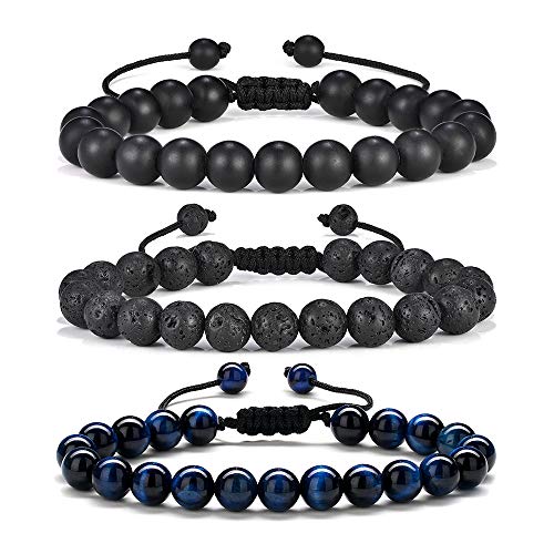 Product Cover Gifts for Mens Bracelet Beads Lava - 8mm Tiger Eye Lava Rock Stone Mens Anxiety Healing Bracelet, Stress Relief Adjustable Lava Rock Aromatherapy Essential Oil Diffuser Bracelet Gifts for Men Teens