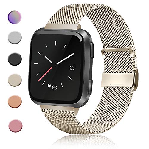Product Cover AK Compatible with for Fitbit Versa/Versa Lite/Versa SE Replacement Bands, Stainless Steel Mesh Sport Metal Wristband Loop Accessories for Women Men(Without Tracker) (Small, Champagne Gold)