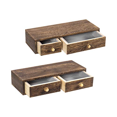 Product Cover Y&ME YM Floating Shelf with Drawer Wall Mounted, Set of 2 Rustic Wood Wall Floating Shelves for Storage and Display 12 x 5 x 2.6 inch (Brown)