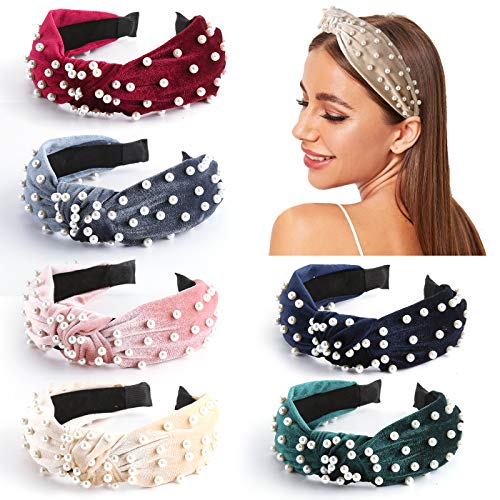 Product Cover Makone Pearl Headbands for Women Top Knot Velvet Headband Vintage Wide Hairband with Pearl Elastic Hair Hoops Fashion Hair Accessories for Wedding Party