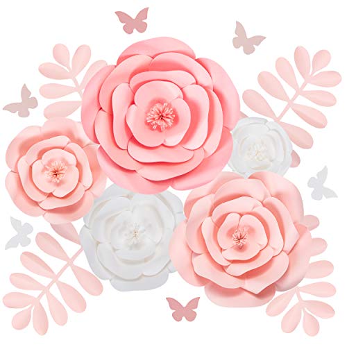 Product Cover Rainbows & Lilies Large 3D Paper Flowers Decorations for Wall, Wedding, Bridal Shower, Baby Shower, Nursery Decor, Centerpieces, Flower Backdrop, Party, 15-Pieces, Handmade & Assembled (Pink, White)