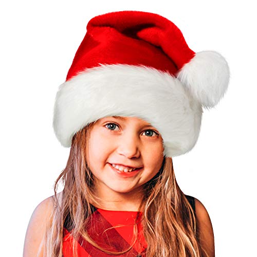 Product Cover Santa Hat,Xmas Holiday Hat for Kids,Unisex Velvet Comfort Christmas Hats Extra Thicken Classic Fur for Christmas New Year Festive Holiday Party Supplies (Children)