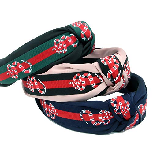 Product Cover Red Green Striped Headbands for Women - Hair Hoops with GG Coral Snake Animal Embroidery - Cross Top Knot Head Wear with Cloth Wrapped for Girls - 3Pcs(Coral Snake Style 2)
