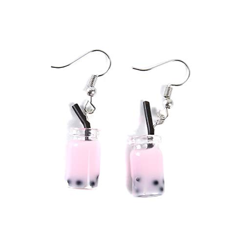 Product Cover CH Cute Pearl Milk Tea Dangle Earrings Funny Earrings for Women Girls Valentine's Day Earrings,Pink