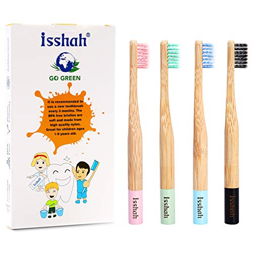 Product Cover Isshah Kids Bamboo Toothbrush Biodegradable Handle BPA Free Eco Friendly Children Size, Pack of 4 (Spiral Soft Nylon Bristles)