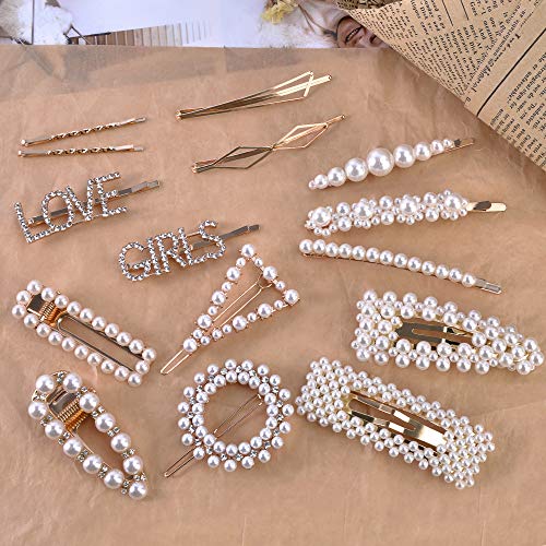 Product Cover 15 PCS Hingwah Pearl Hair Clips Hair Barrettes, Gold Word Letter Jewelry, Rhinestones Crystal Hair Bobby Pins, Fashion Party, Birthday, Wedding Gifts, Bling Geometric Hair Accessories for Women Girls