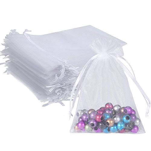 Product Cover Wuligirl 100pcs 5X7 Inches Christmas Drawstring Organza Gift Bag Pouches Party Wedding Favor Seashell Chocolates Gift Bags for Women (White 5x7)