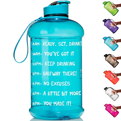 Product Cover HydroMATE Half Gallon Motivational Water Bottle with Time Marker Large BPA Free Jug with Handle Reusable Leak Proof Bottle Time Marked to Drink More Water Daily 64oz (Turquoise)