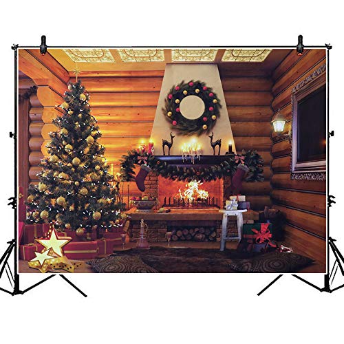 Product Cover O-Heart 7x5ft Christmas Photo Backdrop, Farmhouse Wood Cabin Theme Photography Vinyl Backdrop Portrait Photo Studio Booth Photographer Props for Xmas Party Supplies