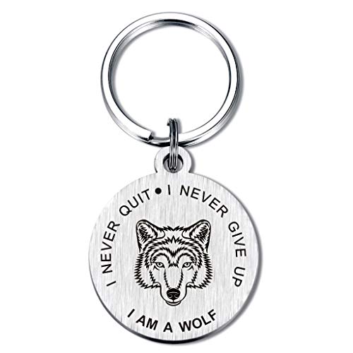 Product Cover Wolf Keychain Inspiratinal Gifts Key Chain Saying I Never Give Up Never Quit for Women Teen Girls Daughter