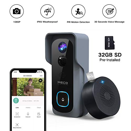 Product Cover 【32GB Preinstalled】 WiFi Video Doorbell，MECO 1080P Doorbell Camera with Free Chime, Wireless Doorbell with Motion Detector, Night Vision, IP65 Waterproof, 166°Wide Angle, 2 Way Audio, 2.4GHz WiFi