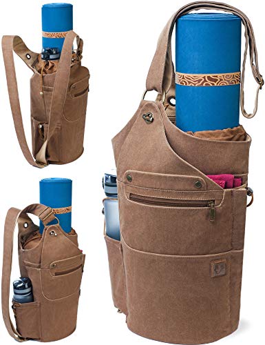 Product Cover WRASCO Yoga Mat Bag Canvas Casual Yoga Backpack Convertible Yoga Mat Tote Sling Carrier - Fits Most Mat Sizes - Yoga Bags and Carriers for Women & Men - Gift 2 Elastic Straps (Brown)