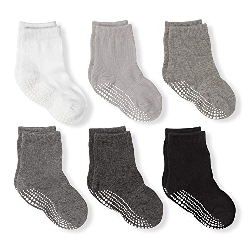 Product Cover LA Active Athletic Crew Grip Socks - 6 Pairs - Baby Toddler Infant Newborn Kids Boys Girls Non Slip/Anti Skid (Grayscale, 12-36 Months)