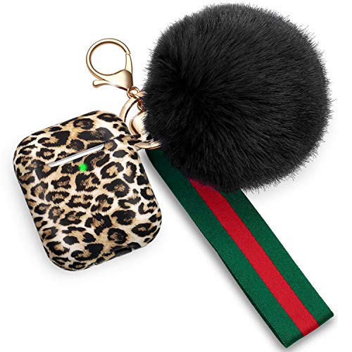 Product Cover AirPods Case Cute Cover, Transy Airpods Silicone Case Cover with Fur Ball Keychain/Strap for Aipods 2&1 for Gilrs/Womens, Front LED Visible (C-Leopard)