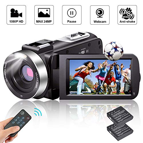 Product Cover Camcorder Video Camera Full HD Camcorders 1080P 24.0MP Vlogging Camera with 2 Batteries and Pause Function with Remote Controller...