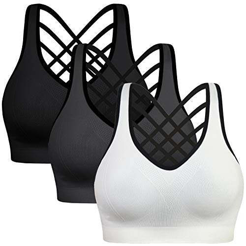 Product Cover Padded Strappy Sports Bras for Women - Activewear Tops for Yoga Running Fitness Color Black Gray White Size L