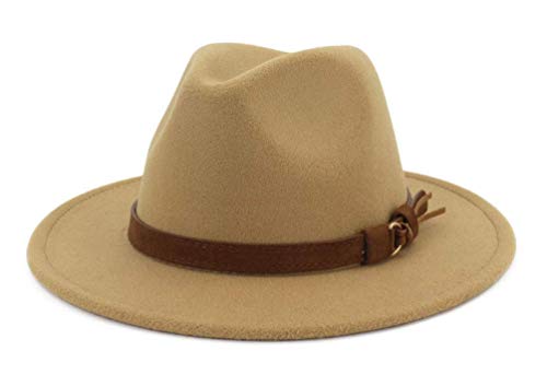 Product Cover JasWell Women Large Wide Brim Felt Wool Fedora Hat with Belt Buckle Camel One Size