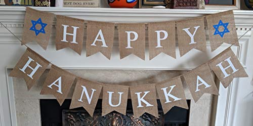 Product Cover Happy Hanukkah Banner Chanukah Decorations - Judaica Burlap Party Garland Bunting - Ready to Hang Party Decoration - Festive Decor Photo Prop Backdrop by Jolly Jon®