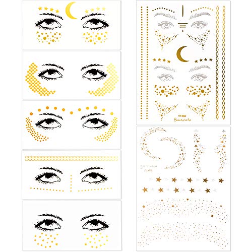 Product Cover 7 Sheets Face Tattoo Stickers Metallic Party Face Stickers Temporary Face Tattoos Gold Silver Glitter Face Decals for Women Girls Make Up (15 Styles)