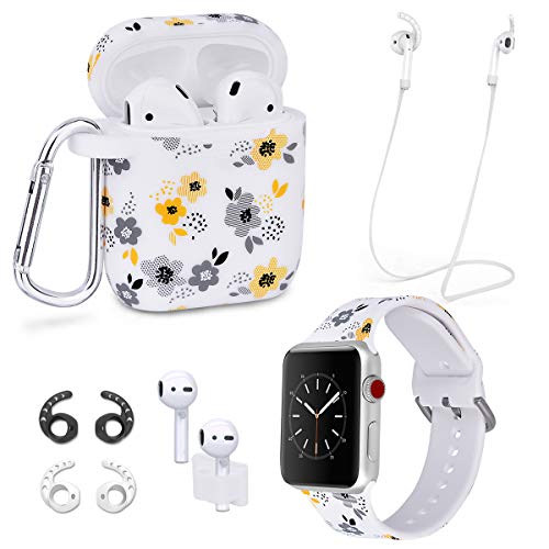 Product Cover Airpods Case Compatible with Airpods 1 & 2 Protective Floral Print Silicone Cover/Airspo Band Compatible with Apple Watch Band 38mm 40mm 42mm 44mm (38/40mm, Yellow Flower)