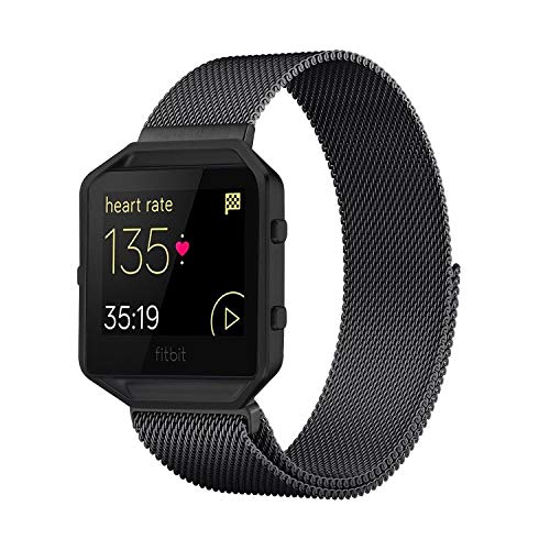 Product Cover Akale Metal Band Compatible with Fitbit Blaze, Small and Large Stainless Steel Band with Metal Frame Replacement Strap Wristband for Fit bit Blaze Smart Fitness Watch, Women Men(Black Large-A)