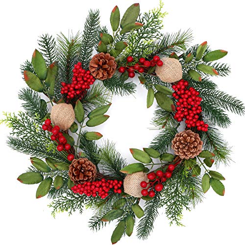 Product Cover Tiny Land 18 Inch Christmas Wreath for Window & Advent- Handcraft Boxwood Frame with Variant Red Berry & Evergreen Leaf- Ideal Winter Decorating for Indoor & Outdoor Use- Without Light