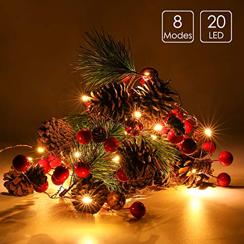 Product Cover 6.5FT 20 LED Christmas Garland with Lights, Red Berry Pine Cone Garland Lights Battery Operated, led Garland String Lights, Christmas Decorations for Home, Garland for Fireplace