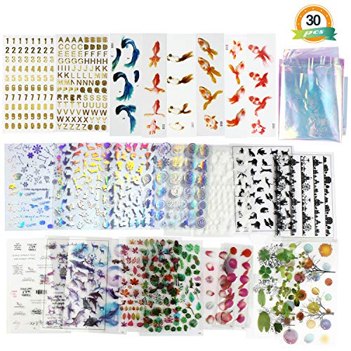 Product Cover 30 Sheets Resin Supplies Kit LET'S RESIN Transparent Decorate Stickers for Silicone Resin Molds,Resin Inclusion with Holographic Clear Film, Filling Materials for Resin Craft