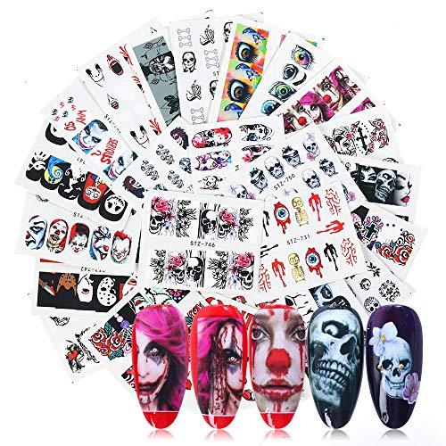 Product Cover Halloween Nail Stickers Day of the Dead Nail Art Accessories Decals 25 Sheets Ghost Skull Eye Clown Hulk Water Transfer Nail Art Stickers for Halloween Party Supply Fingernails Toenails Decorations