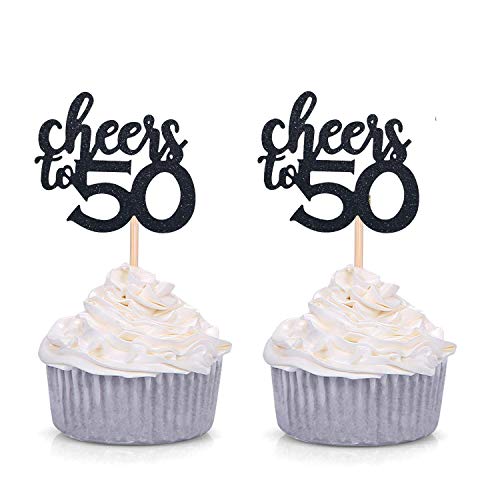 Product Cover Black Glitter Cheers to 50 Cupcake Toppers 50th Birthday Celebrating Party Decorations - 24 Pack