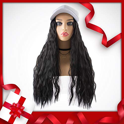 Product Cover Sedittyhair MALAIKA Baseball Cap With Hair Extensions Natural Hat Wig Synthetic Hair With Attached White Hat With Long Kinky Curly Hair Extensions For Women Daily Party Use - Natural Black