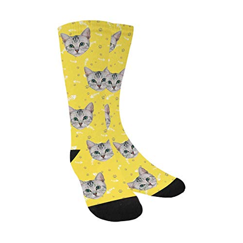 Product Cover Custom Personalized Photo Pet Face Socks, Fish Bones, Cat and Dog Tracks Paws Crew Socks with Picture for Men Women