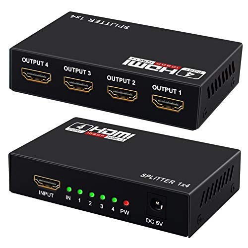 Product Cover HDMI Splitter 1 in 4 Out V1.4 Powered by US Adapter, Supports 4K/2K 3D Full HD1080P -1 Input to 4 Outputs