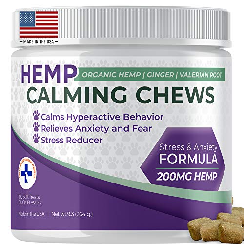 Product Cover Dog Calming Treats with Hemp Oil Organic Natural Dog Treats Made In The USA Formulated For Composure & Dog Anxiety Relief From Stress Fireworks Thunder Separation - With Ginger & Omega 3 -120 Chews 