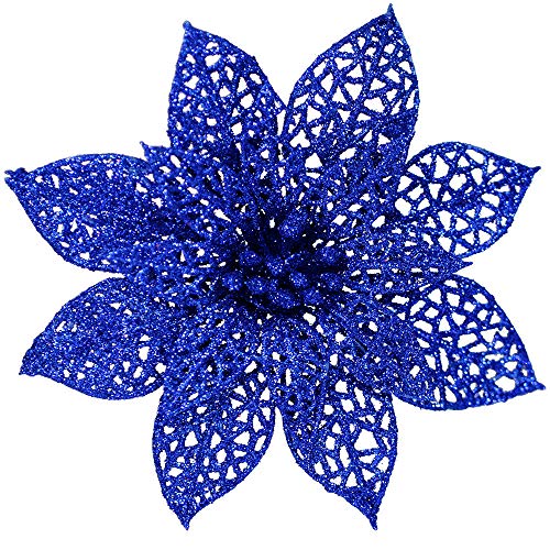 Product Cover SUPLA 24 Pack Christmas Blue Glitter Poinsettia Flowers Picks Christmas Tree Ornaments 5.9