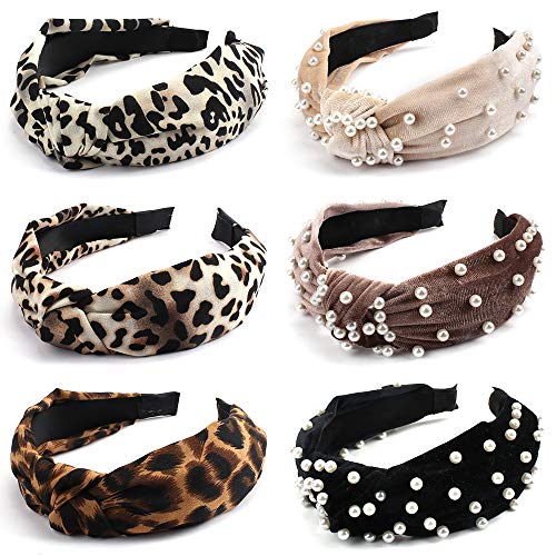 Product Cover TOBATOBA 6 Pieces Women Headbands Wide Knot Dot Hairbands Turban Headbands for Women,Include 3 Pieces Leopard Headbands and 3 Pieces Velvet Knot Faux Pearl Headband